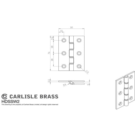 This image is a line drwaing of a Carlisle Brass - 76 x 50mm Dbl S/Steel Washer Brass Hinge - Satin Chrome available to order from Trade Door Handles in Kendal