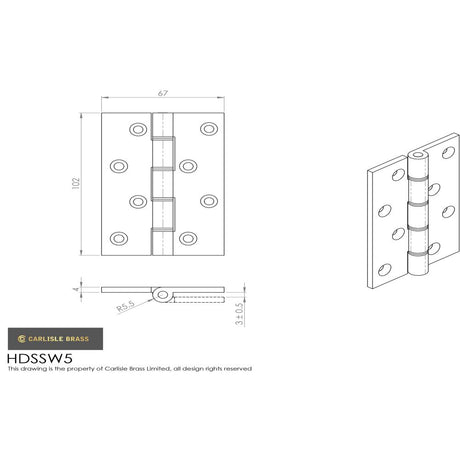 This image is a line drwaing of a Carlisle Brass - 102 x 57mm Dbl S/Steel Washer Brass Hinge - Satin Chrome available to order from Trade Door Handles in Kendal