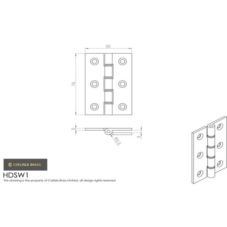 This image is a line drwaing of a Carlisle Brass - 76 x 50mm Dbl Steel Washer Brass Hinge - Polished Chrome available to order from Trade Door Handles in Kendal