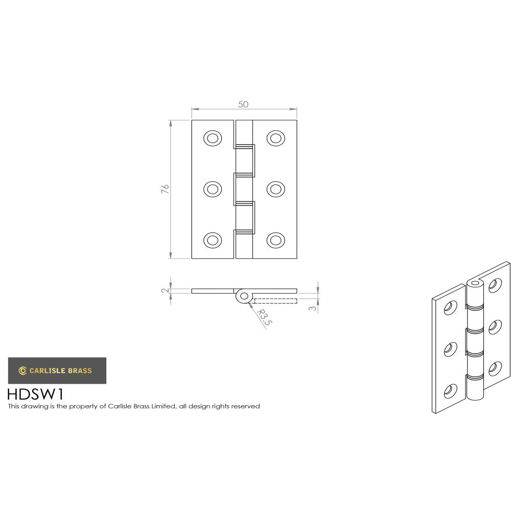 This image is a line drwaing of a Carlisle Brass - 76 x 50mm Dbl Steel Washer Brass Hinge - Polished Lacque available to order from Trade Door Handles in Kendal