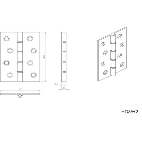 This image is a line drwaing of a Carlisle Brass - 102 x 67mm Dbl Steel Washer Brass Hinge - Polished Chro available to order from Trade Door Handles in Kendal