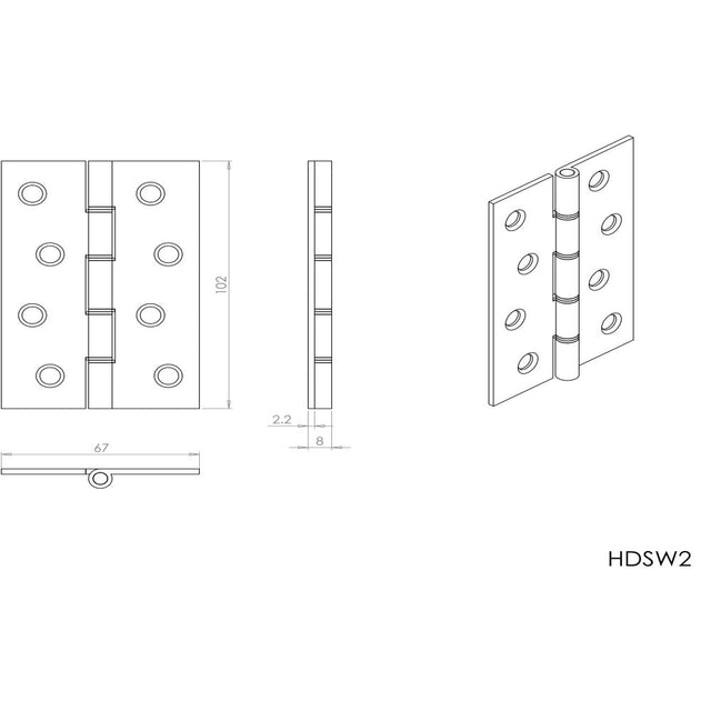 This image is a line drwaing of a Carlisle Brass - 102 x 67mm Dbl Steel Washer Brass Hinge - Polished Chro available to order from Trade Door Handles in Kendal