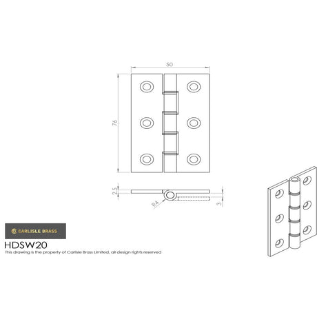 This image is a line drwaing of a Carlisle Brass - 76 x 50mm Dbl Steel Washer Brass Hinge - Satin Brass available to order from Trade Door Handles in Kendal