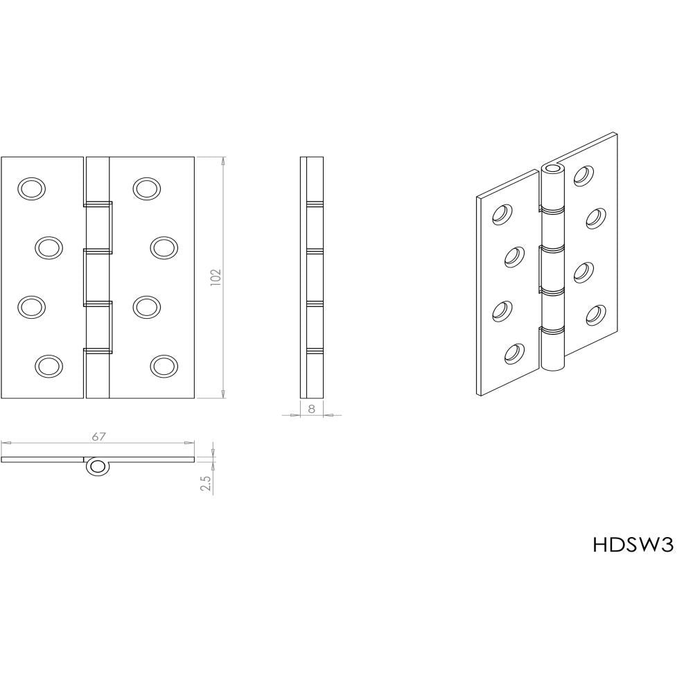 This image is a line drwaing of a Carlisle Brass - 102 x 67mm Dbl Steel Washer Brass Hinge - Satin Brass available to order from Trade Door Handles in Kendal