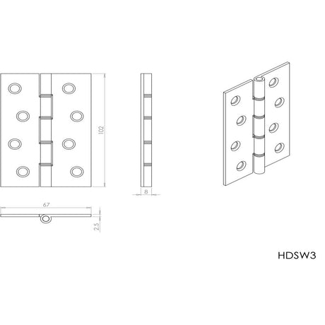 This image is a line drwaing of a Carlisle Brass - 102 x 67mm Dbl Steel Washer Brass Hinge - Satin Brass available to order from Trade Door Handles in Kendal