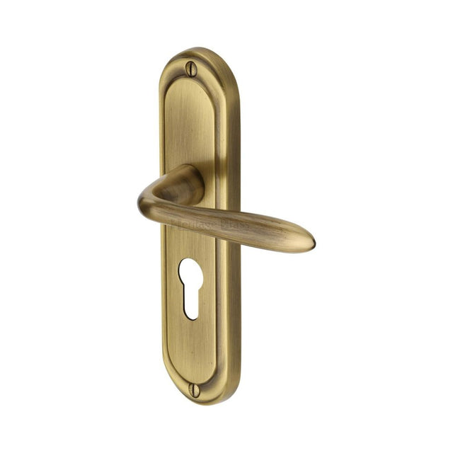 This is an image of a Heritage Brass - Door Handle for Euro Profile Plate Henley Design Antique Brass Fin, hen1248-at that is available to order from Trade Door Handles in Kendal.