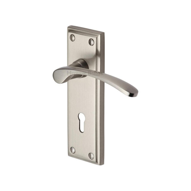 This is an image of a Heritage Brass - Door Handle Lever Lock Hilton Design Satin Nickel Finish, hil8600-sn that is available to order from Trade Door Handles in Kendal.