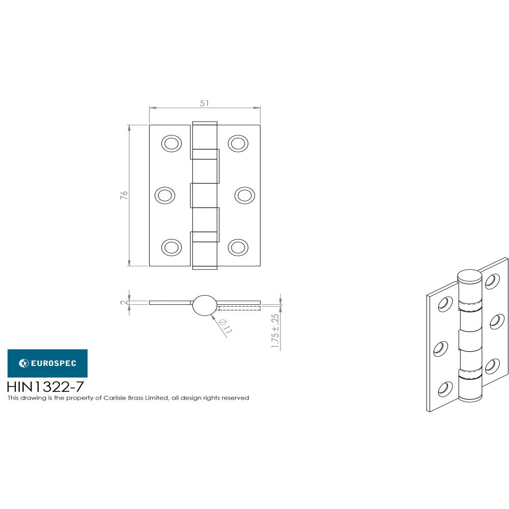 This image is a line drwaing of a Eurospec - Grade 7 Ball Bearing Hinge 76 x 51mm - SSS available to order from Trade Door Handles in Kendal