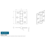 This image is a line drwaing of a Eurospec - Ball Bearing Hinge Non Grade 76 x 51mm - Satin Nickel Plated available to order from Trade Door Handles in Kendal