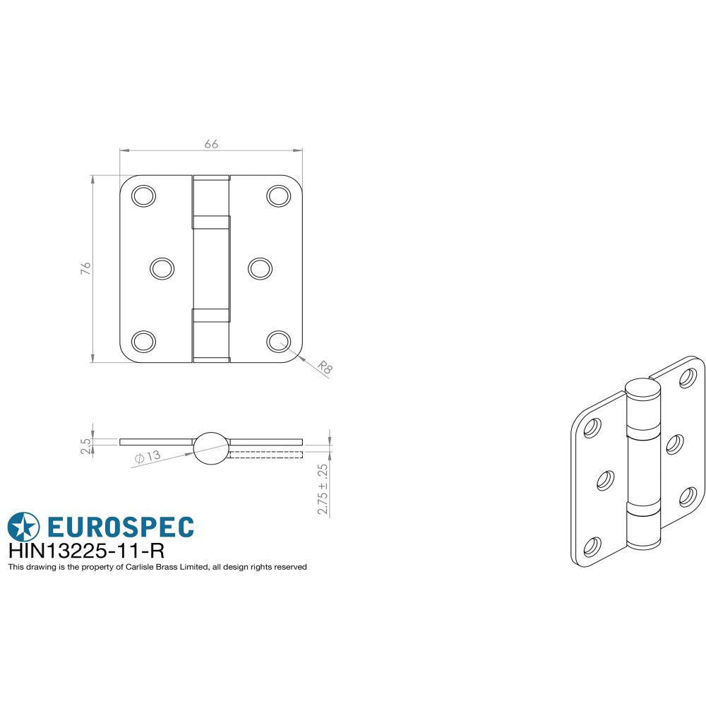 This image is a line drwaing of a Eurospec - Enduro Grade 11 Ball Bearing Hinge Radius 76 x 66mm - SSS available to order from Trade Door Handles in Kendal