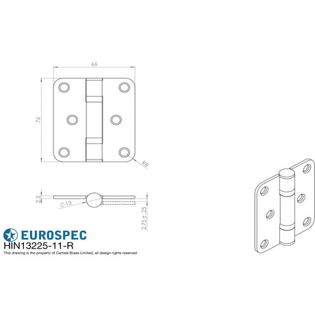 This image is a line drwaing of a Eurospec - Enduro Grade 11 Ball Bearing Hinge Radius 76 x 66mm - SSS available to order from Trade Door Handles in Kendal