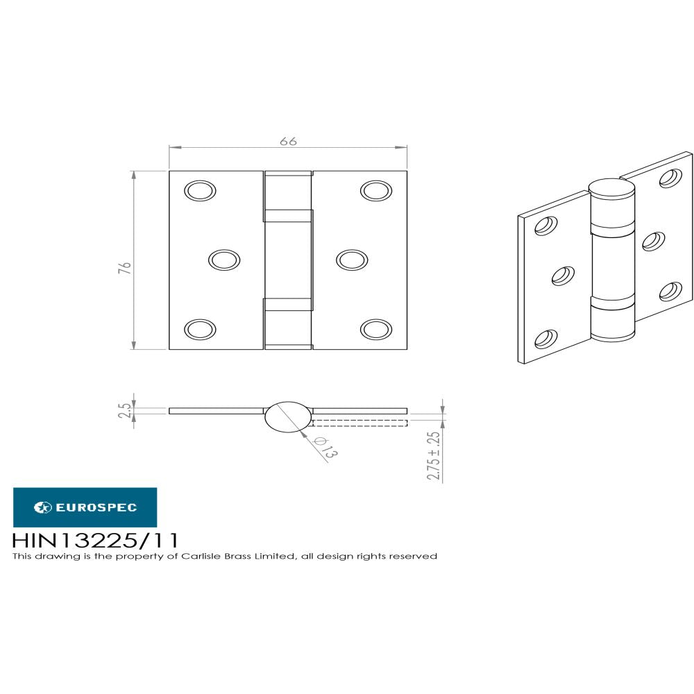 This image is a line drwaing of a Eurospec - Enduro Grade 11 Ball Bearing Hinge 76 x 66mm - BSS available to order from Trade Door Handles in Kendal