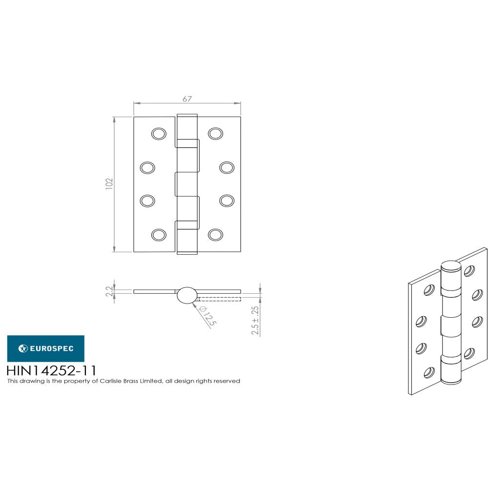 This image is a line drwaing of a Eurospec - Grade 11 Ball Bearing Hinge 102 x 67mm - SSS available to order from Trade Door Handles in Kendal