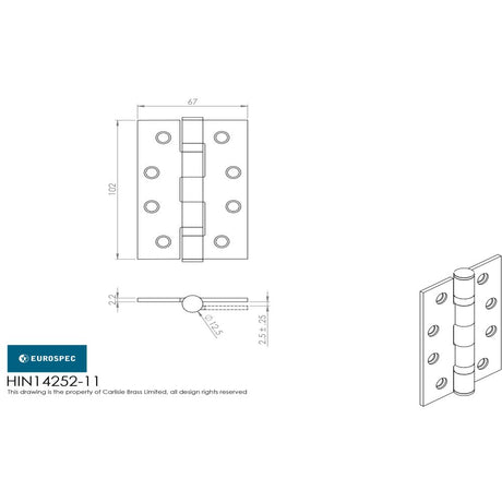 This image is a line drwaing of a Eurospec - Grade 11 Ball Bearing Hinge 102 x 67mm - SSS available to order from Trade Door Handles in Kendal