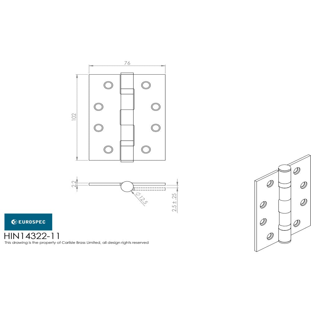 This image is a line drwaing of a Eurospec - Grade 11 Ball Bearing Hinge 102 x 76mm - SSS available to order from Trade Door Handles in Kendal