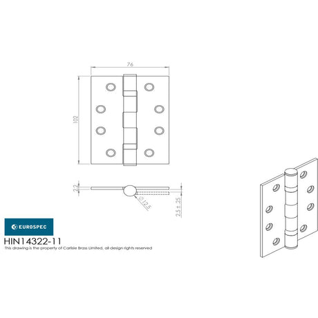 This image is a line drwaing of a Eurospec - Grade 11 Ball Bearing Hinge 102 x 76mm - BSS available to order from Trade Door Handles in Kendal