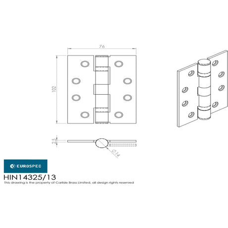 This image is a line drwaing of a Eurospec - Enduro Grade 13 Ball Bearing Hinge - SSS available to order from Trade Door Handles in Kendal