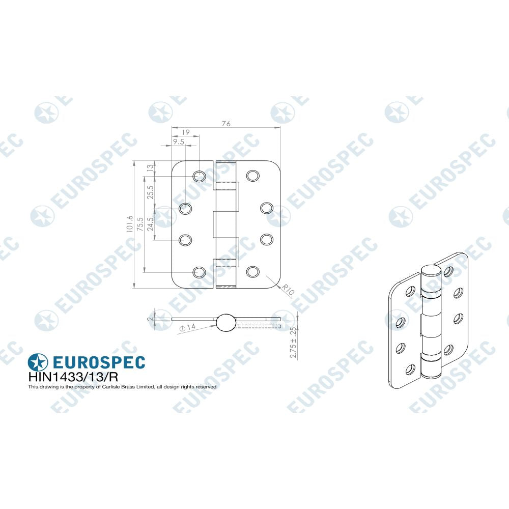 This image is a line drwaing of a Eurospec - Enduro Grade 13 Ball Bearing Hinge Radius 102 x 76mm - SSS available to order from Trade Door Handles in Kendal