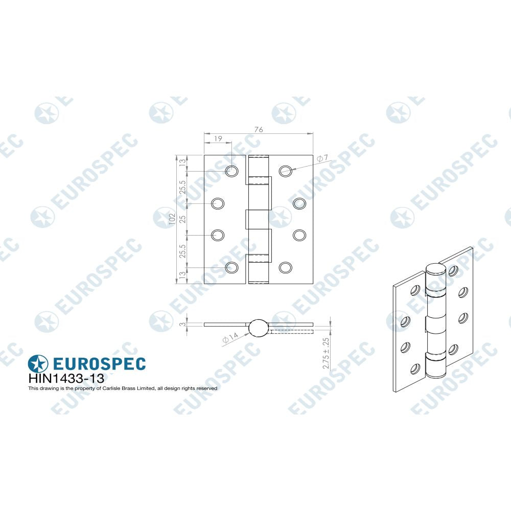 This image is a line drwaing of a Eurospec - Enduro Grade 13 Ball Bearing Hinge 102 x 76mm - SSS available to order from Trade Door Handles in Kendal