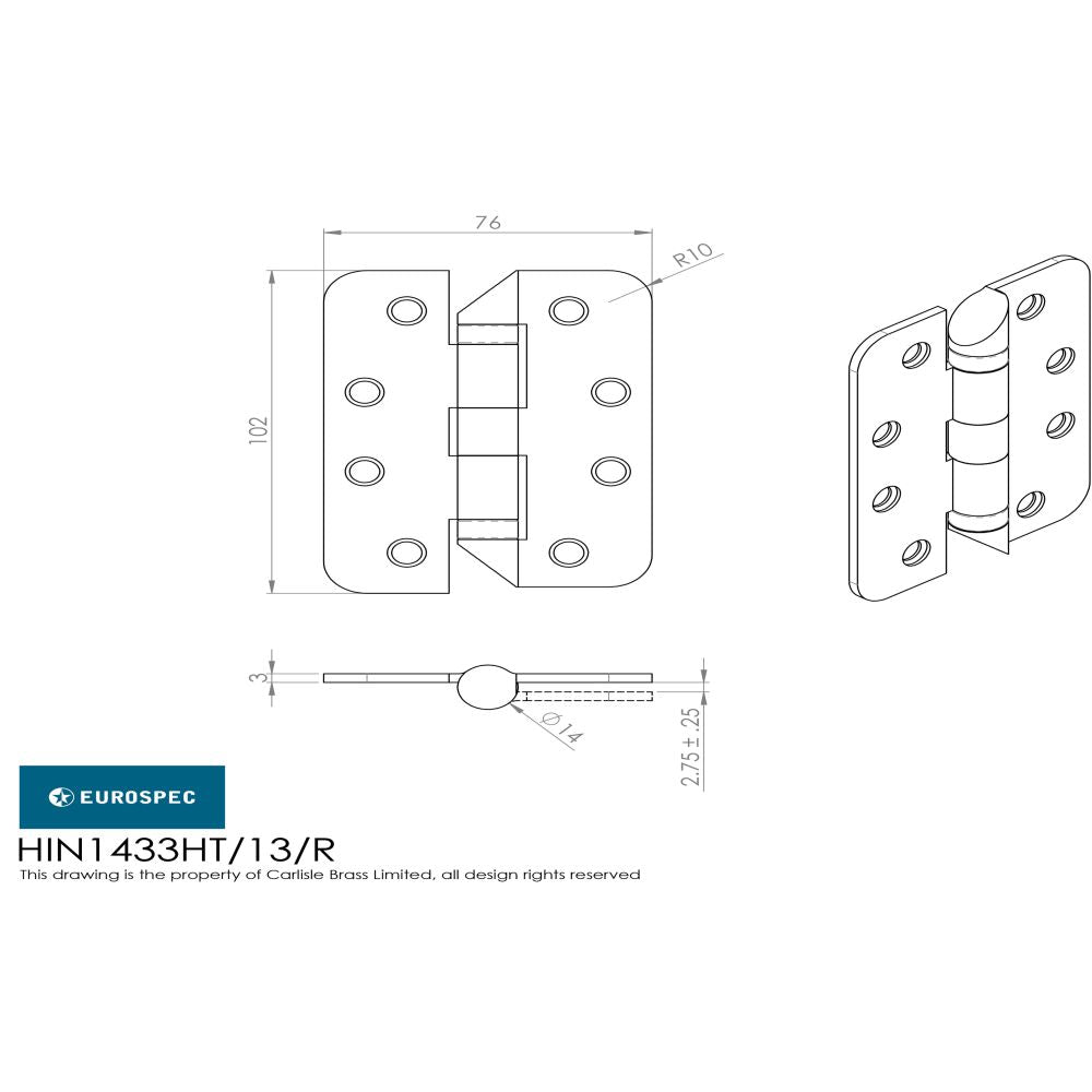 This image is a line drwaing of a Eurospec - Enduro Grade 13 Ball Bearing Hospital Tip Hinge Radius - SSS available to order from Trade Door Handles in Kendal