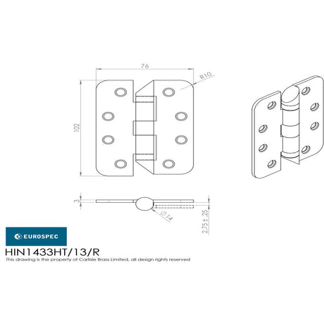 This image is a line drwaing of a Eurospec - Enduro Grade 13 Ball Bearing Hospital Tip Hinge Radius - SSS available to order from Trade Door Handles in Kendal