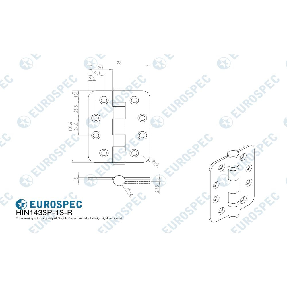 This image is a line drwaing of a Eurospec - Enduro Grade 13 Ball Bearing P Hinge Radius 102 x 76mm - SSS available to order from Trade Door Handles in Kendal