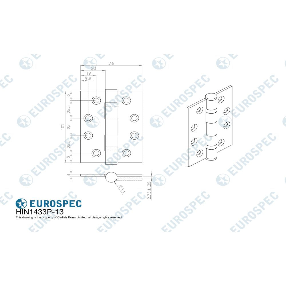 This image is a line drwaing of a Eurospec - Enduro Grade 13 Ball Bearing P Hinge Square 102 x 76mm - SSS available to order from Trade Door Handles in Kendal