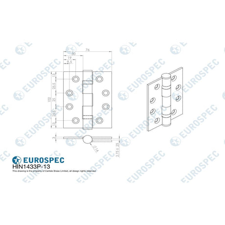 This image is a line drwaing of a Eurospec - Enduro Grade 13 Ball Bearing P Hinge Square 102 x 76mm - SSS available to order from Trade Door Handles in Kendal