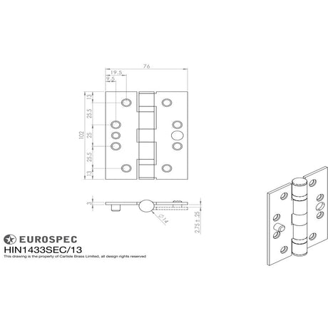 This image is a line drwaing of a Eurospec - Enduro Grade 13 Ball Bearing Security Hinge 102 x 76mm - SSS available to order from Trade Door Handles in Kendal