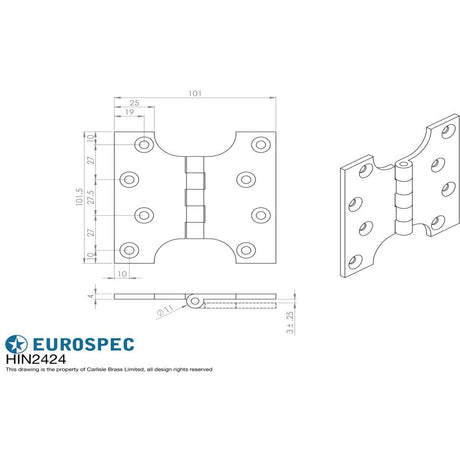 This image is a line drwaing of a Eurospec - Parliament Hinge 101 x 101mm - Polished Brass available to order from Trade Door Handles in Kendal