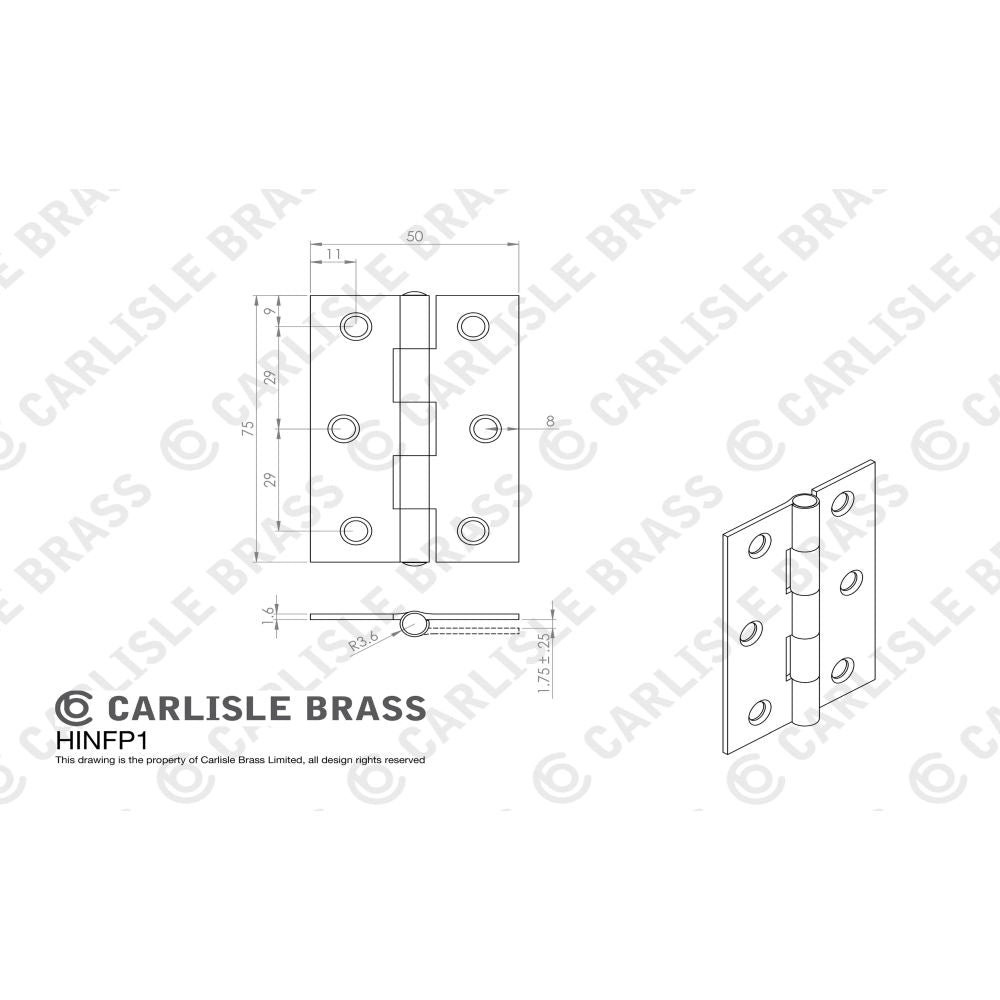 This image is a line drwaing of a Carlisle Brass - 75 x 50mm Fixed Pin Hinge - Powder Coat Black available to order from Trade Door Handles in Kendal