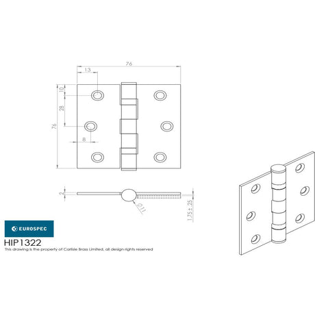 This image is a line drwaing of a Eurospec - Plain Hinge 76 x 76mm - BSS available to order from Trade Door Handles in Kendal