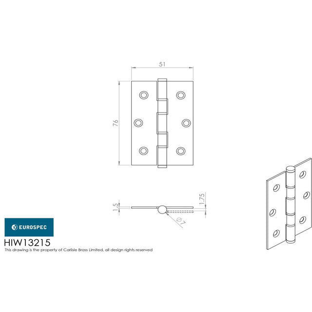 This image is a line drwaing of a Eurospec - Washered Hinge 76 x 51mm - SSS available to order from Trade Door Handles in Kendal