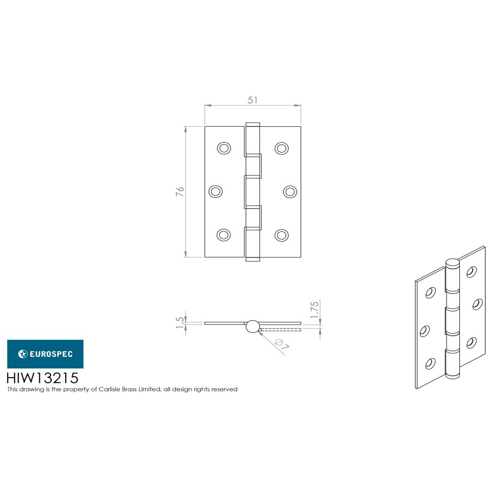 This image is a line drwaing of a Eurospec - Washered Hinge 76 x 51mm - BSS available to order from Trade Door Handles in Kendal