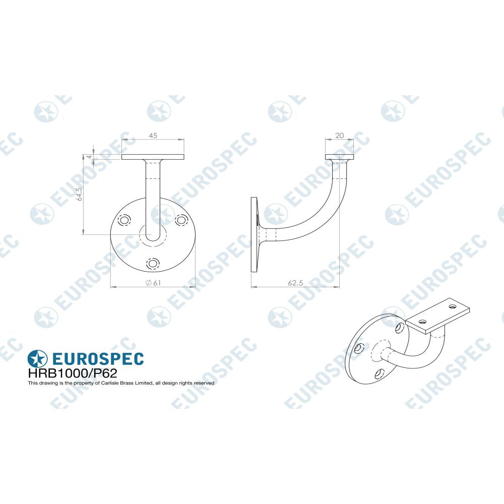 This image is a line drwaing of a Eurospec - Handrail Bracket - Satin Stainless Steel available to order from Trade Door Handles in Kendal