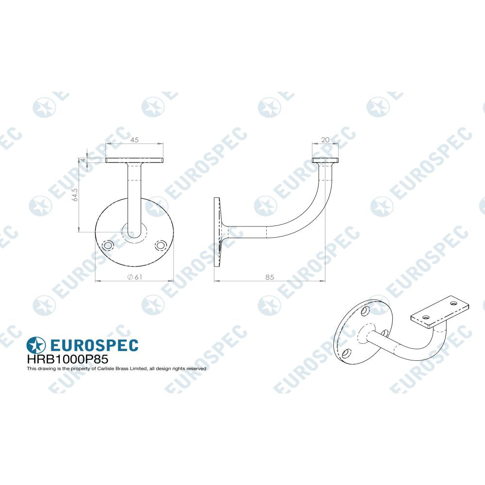 This image is a line drwaing of a Eurospec - Handrail Bracket - Satin Stainless Steel available to order from Trade Door Handles in Kendal