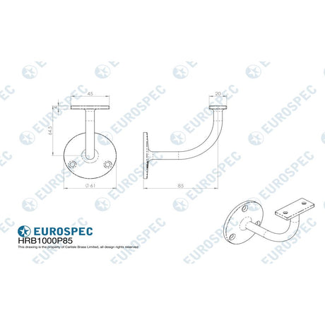 This image is a line drwaing of a Eurospec - Handrail Bracket - Satin Stainless Steel available to order from Trade Door Handles in Kendal