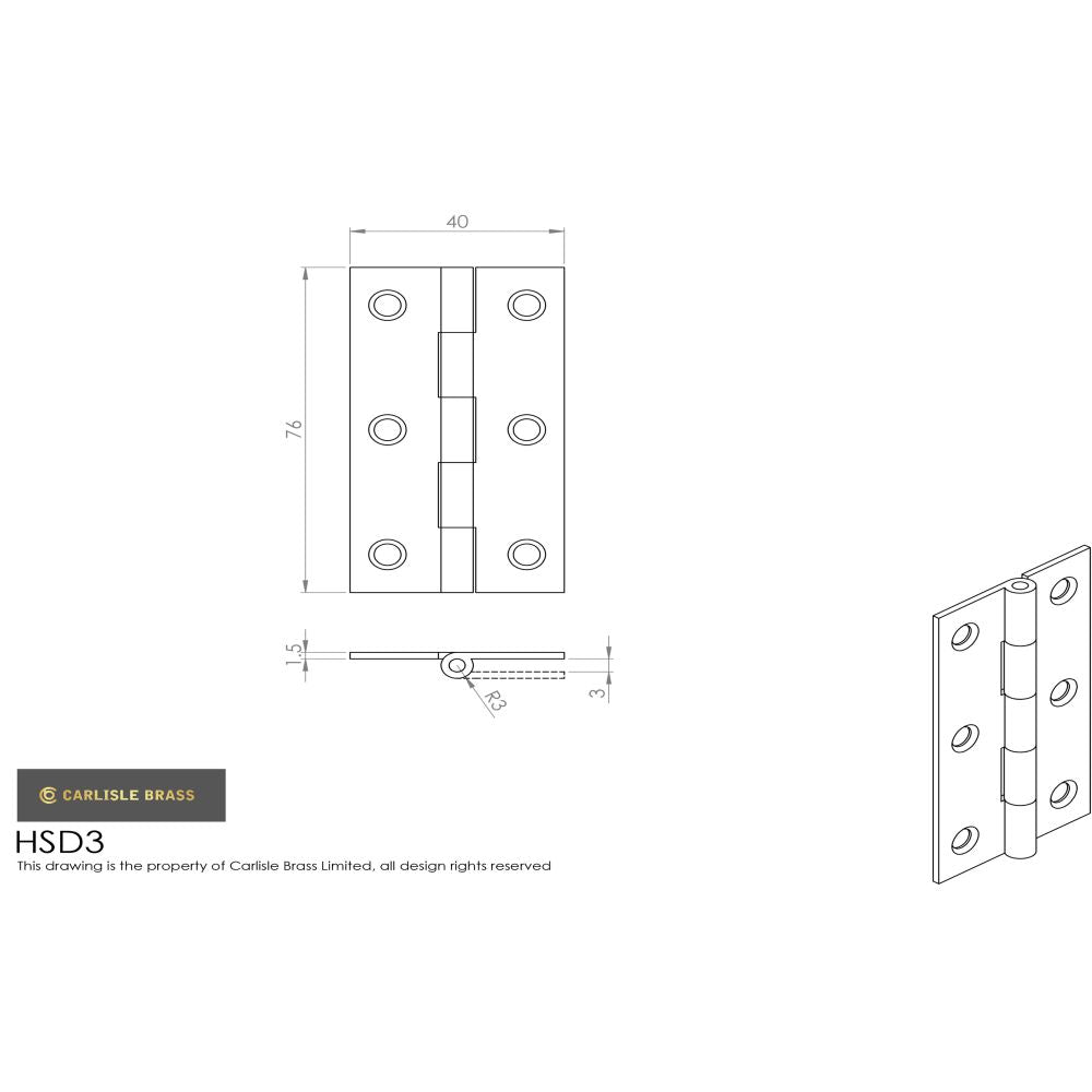 This image is a line drwaing of a Carlisle Brass - 76 x 40mm Solid Drawn Brass Butt Hinge - Satin Brass available to order from Trade Door Handles in Kendal