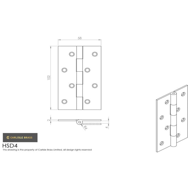 This image is a line drwaing of a Carlisle Brass - 102 x 58mm Solid Drawn Brass Butt Hinge - Satin Brass available to order from Trade Door Handles in Kendal