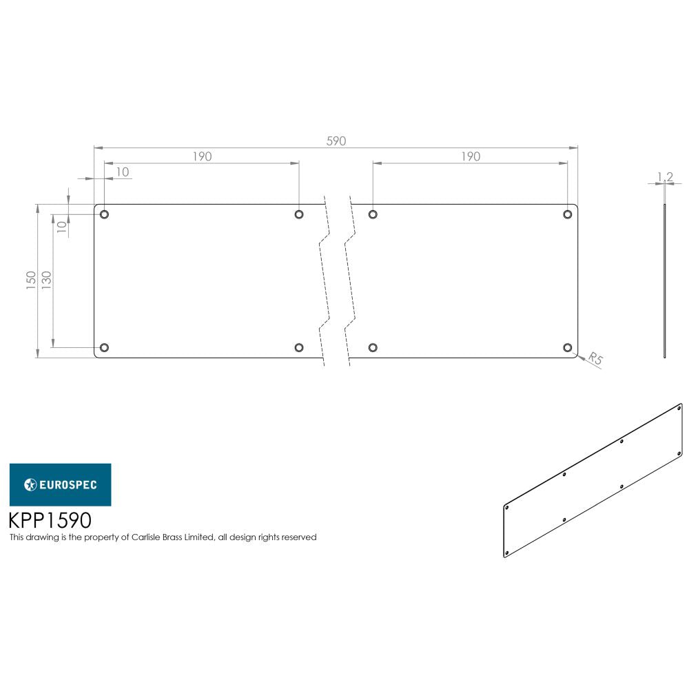 This image is a line drwaing of a Eurospec - Kickplate 590 x 150mm - SSS available to order from Trade Door Handles in Kendal