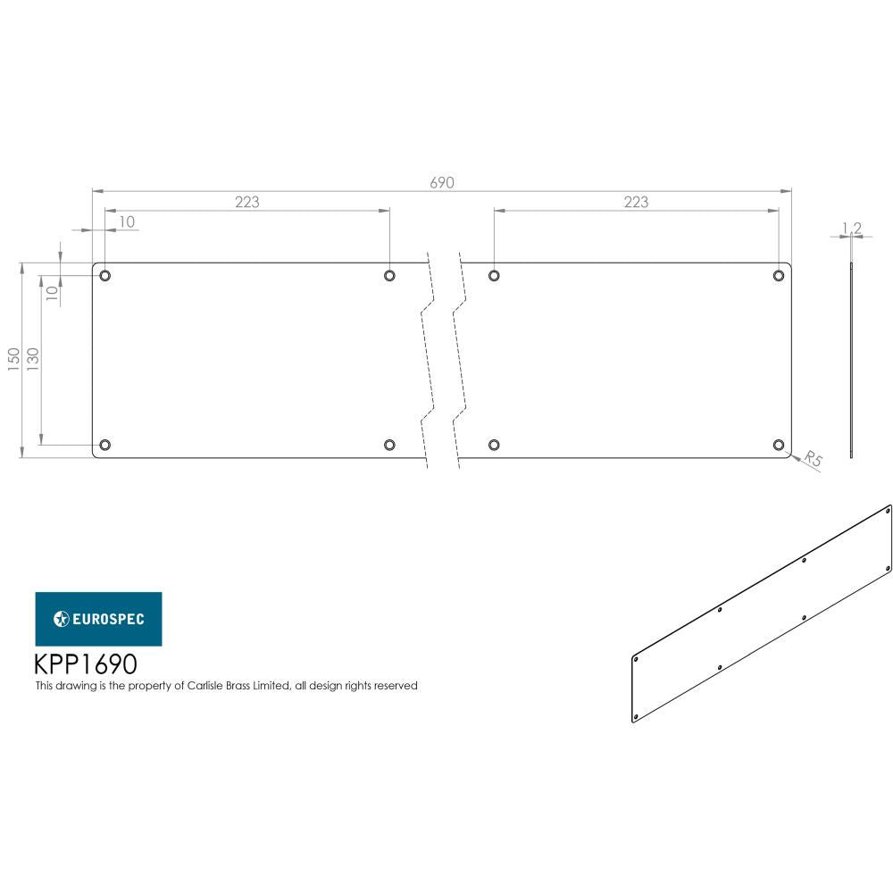 This image is a line drwaing of a Eurospec - Kickplate 690 x 150mm - SSS available to order from Trade Door Handles in Kendal