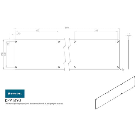 This image is a line drwaing of a Eurospec - Kickplate 690 x 150mm - SSS available to order from Trade Door Handles in Kendal