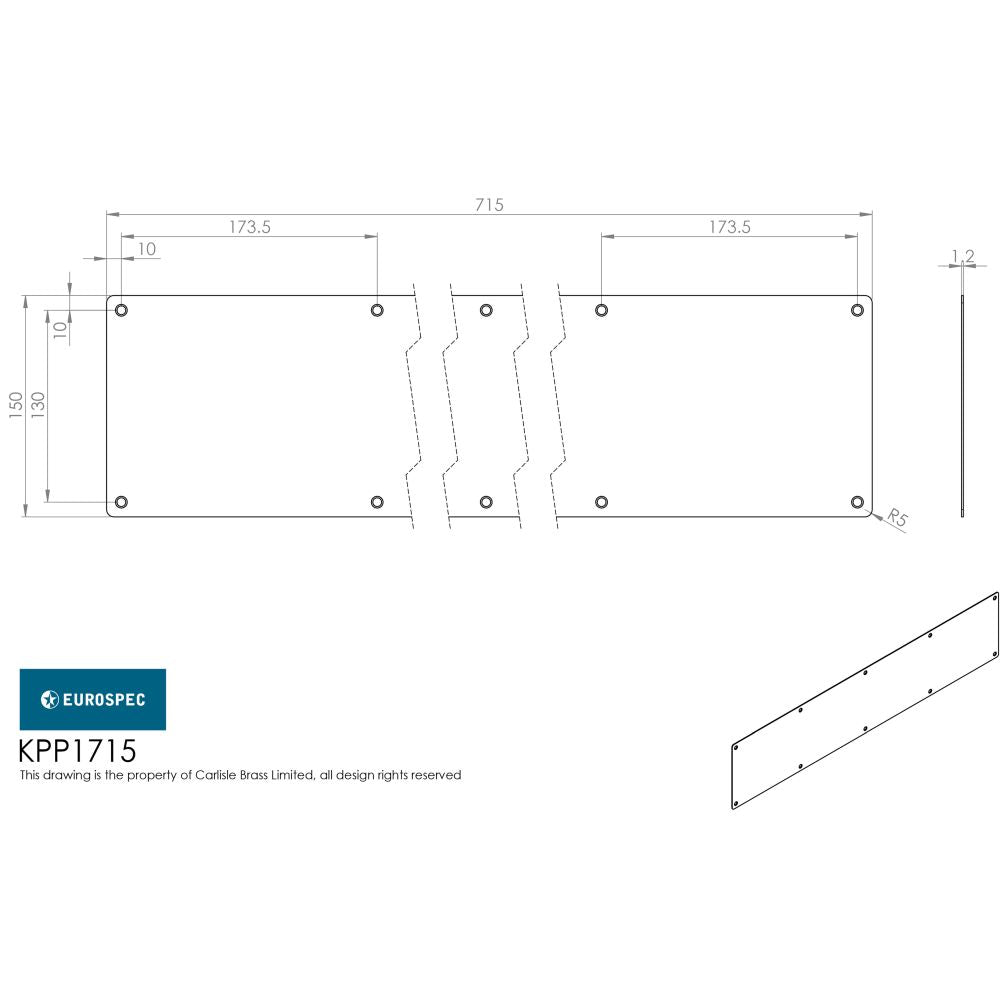 This image is a line drwaing of a Eurospec - Kickplate 715 x 150mm - SSS available to order from Trade Door Handles in Kendal