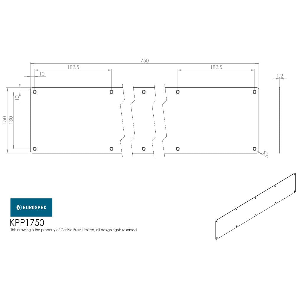 This image is a line drwaing of a Eurospec - Kickplate 750 x 150mm - SSS available to order from Trade Door Handles in Kendal