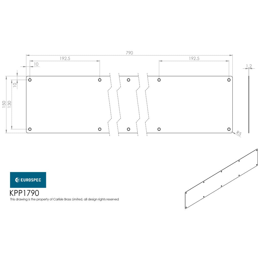 This image is a line drwaing of a Eurospec - Kickplate 790 x 150mm - SSS available to order from Trade Door Handles in Kendal