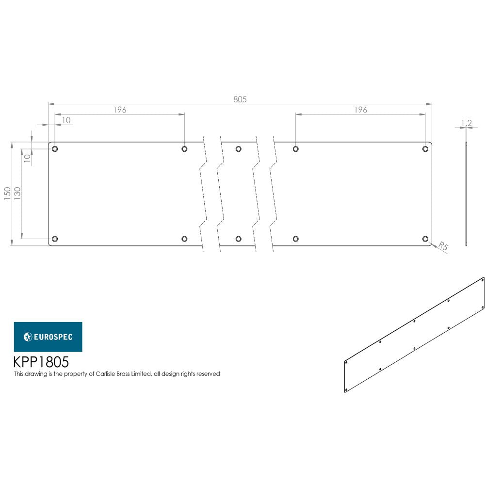 This image is a line drwaing of a Eurospec - Kickplate 805 x 150mm- SSS available to order from Trade Door Handles in Kendal