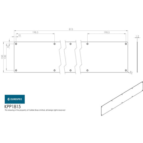 This image is a line drwaing of a Eurospec - Kickplate 815 x 150mm - SSS available to order from Trade Door Handles in Kendal