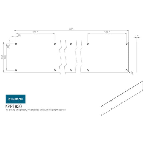 This image is a line drwaing of a Eurospec - Kickplate 830 x 150mm - SSS available to order from Trade Door Handles in Kendal