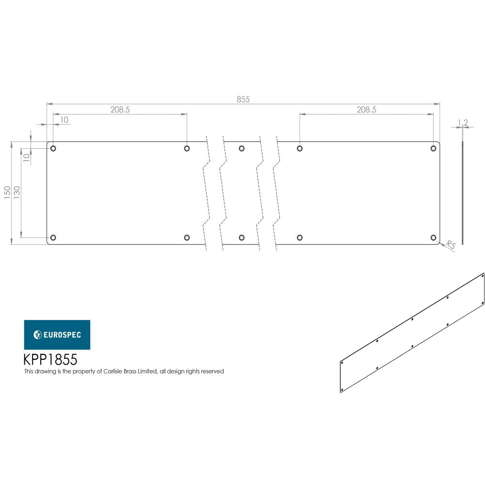 This image is a line drwaing of a Eurospec - Kickplate 855 x 150mm - SSS available to order from Trade Door Handles in Kendal