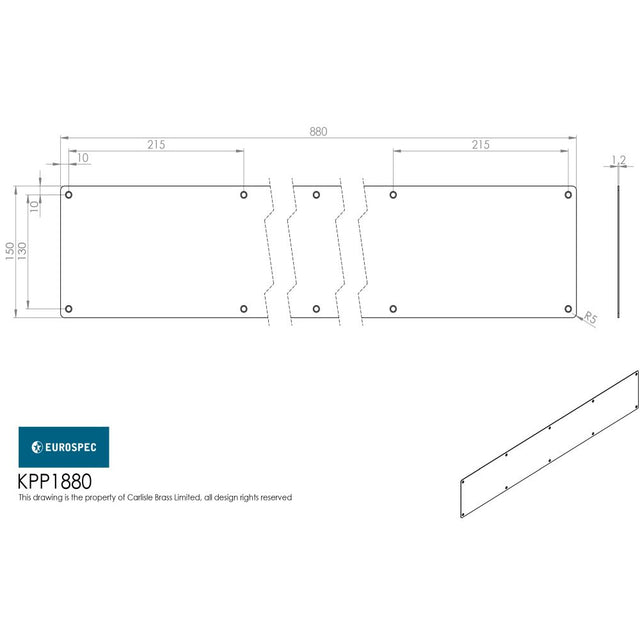 This image is a line drwaing of a Eurospec - Kickplate 880 x 150mm - SSS available to order from Trade Door Handles in Kendal